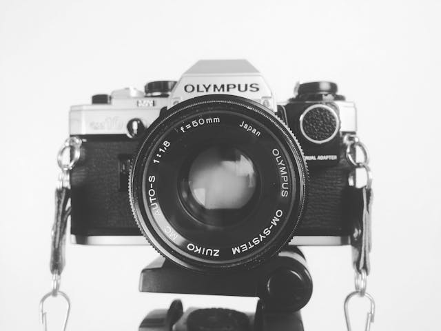 Black and White Photo of Camera